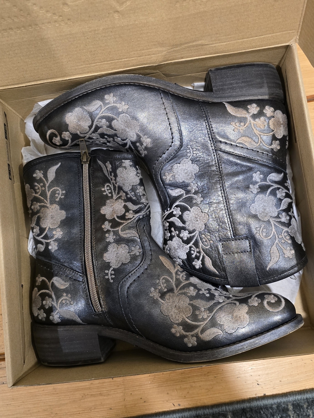 Taos Footwear Black Ankle Booties with Silver Floral Embroidery